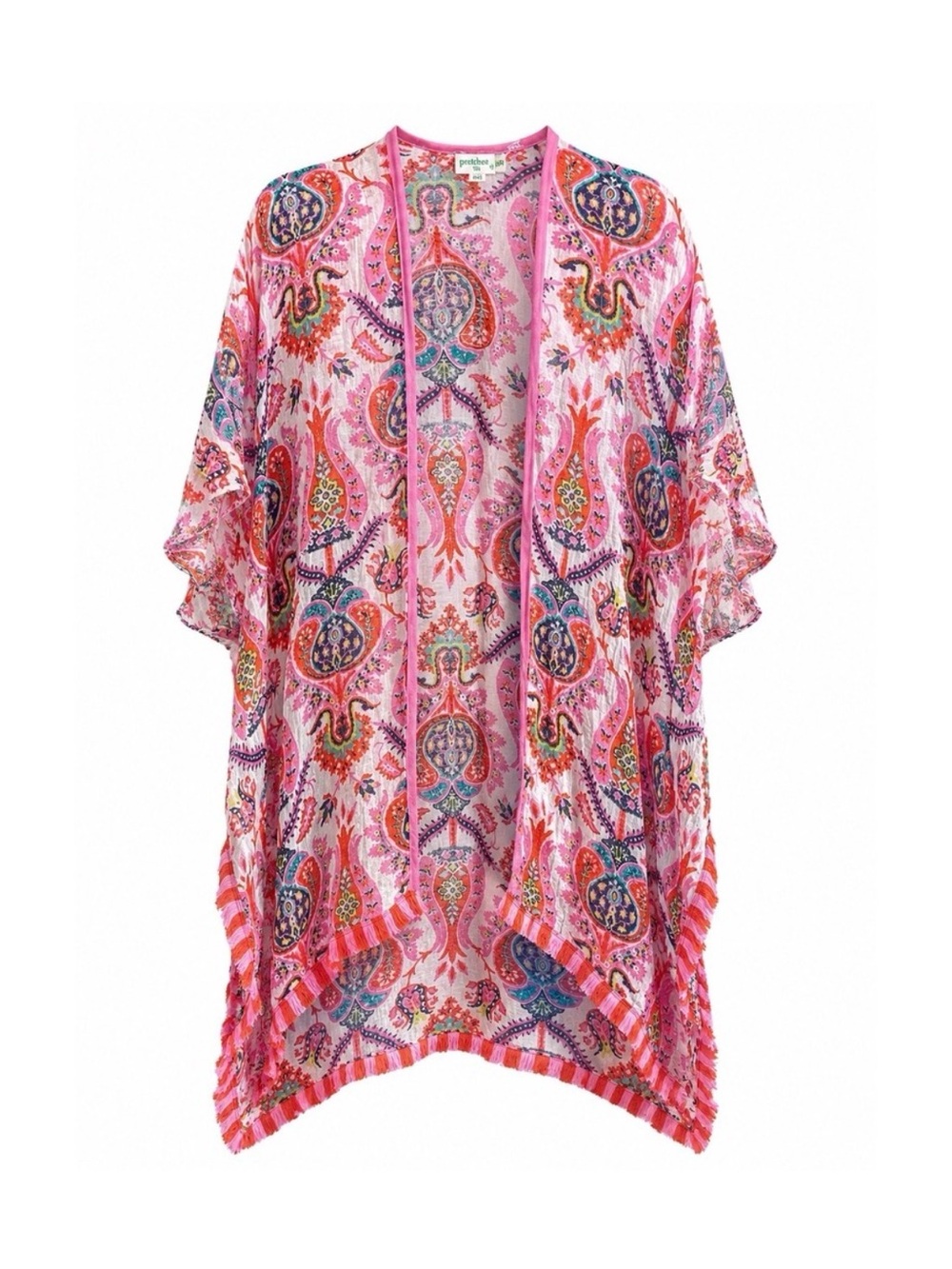 🧡🩷 Spartina 449 One Size Gauze Fringe Kimono Duster Pink Paisley Beach Cover-Up
